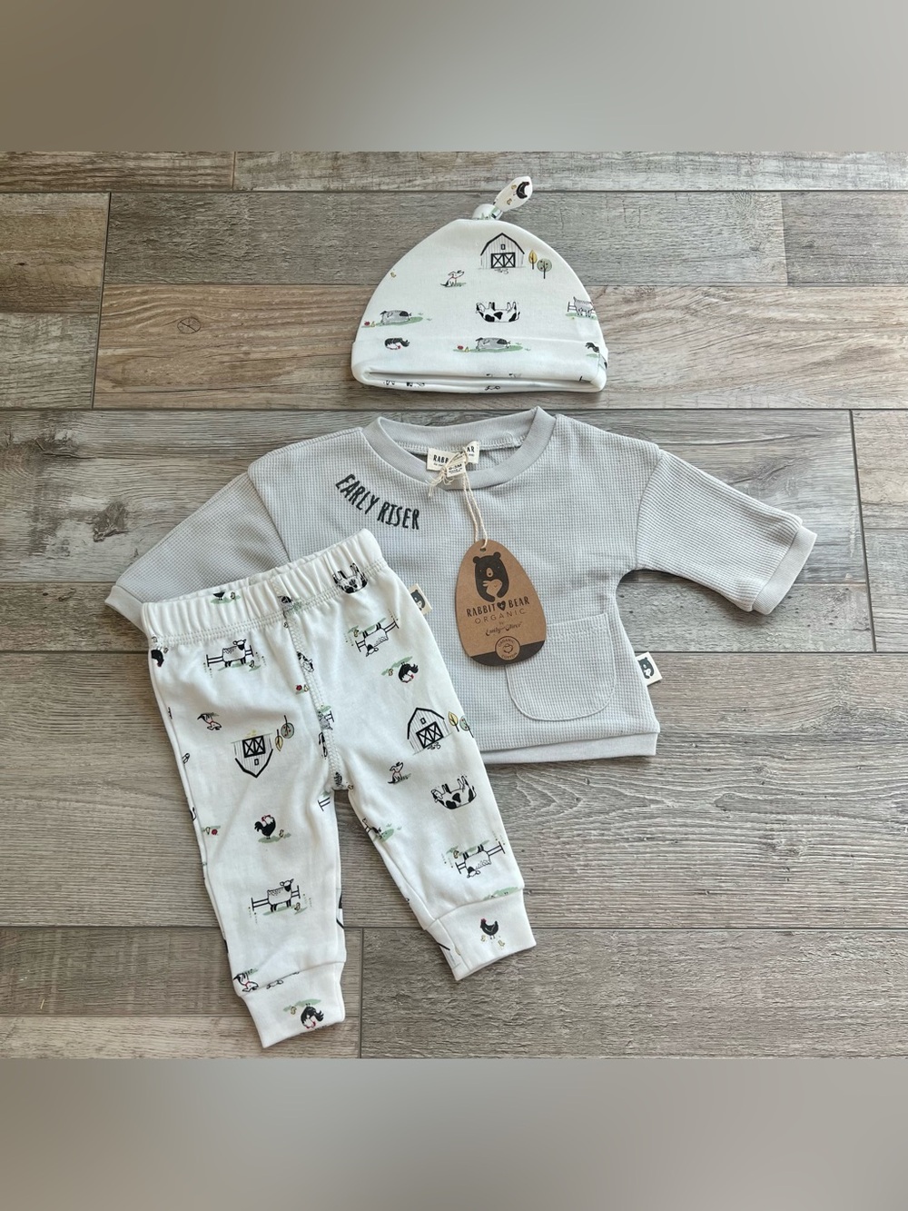 NWT Rabbit + Bear Boys Early Riser Farm Outfit Size 0/3 Months